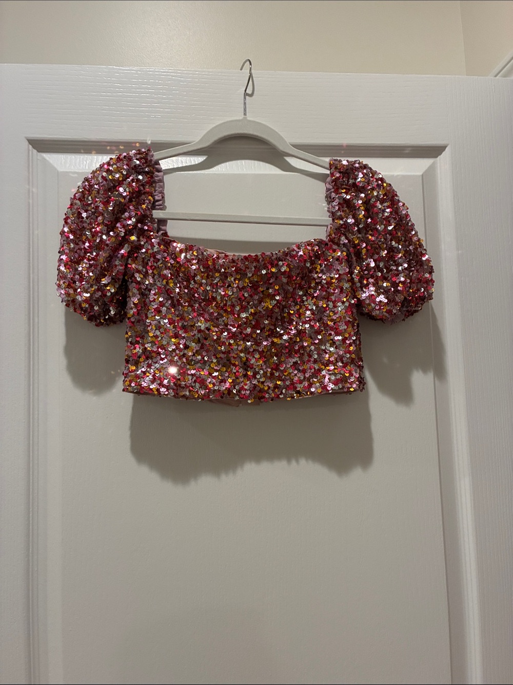 LPA Pink Multicolor Sequin Puff-Sleeve Crop Top